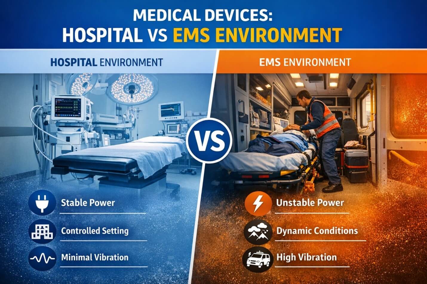 Infographic outlining the differences between Medical Devices in a Hospital environment vs an EMS environment.