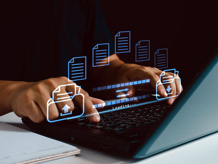 Close up of adult male hands on computer with an generated image of files/data transferring concept from one folder to another