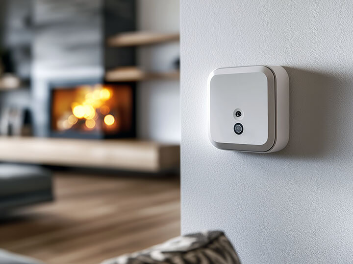 Carbon monoxide alarm on the wall in living room of cozy house with gas fireplace in background