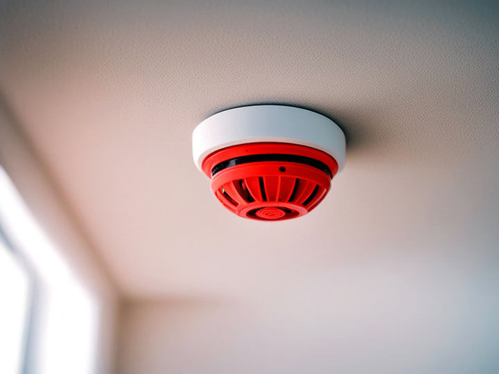 Red ceiling heat detector in living room area