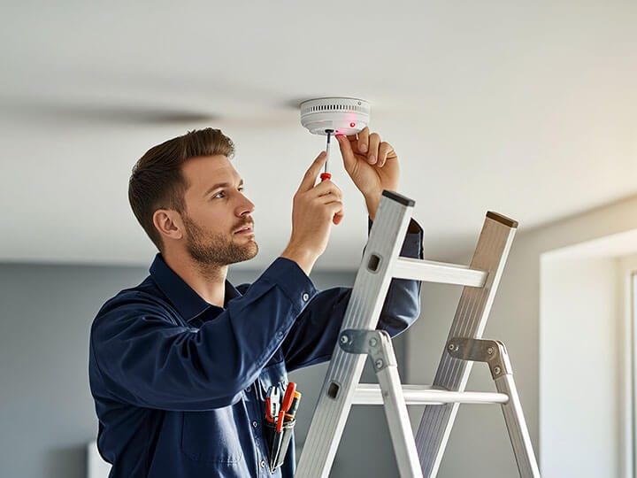 Handyman standing on a ladder installing a ceiling smoke detector in a home