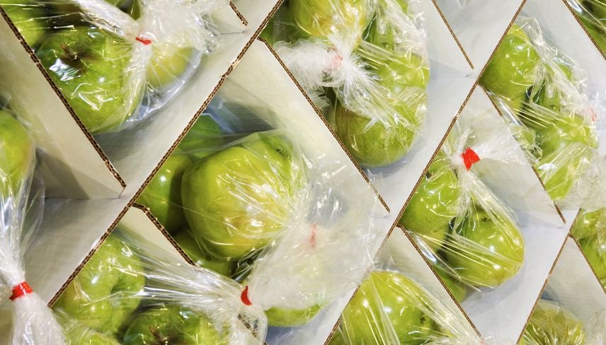 Close-up of green apples packed in clear plastic bags, neatly arranged inside cardboard boxes for storage or transport.