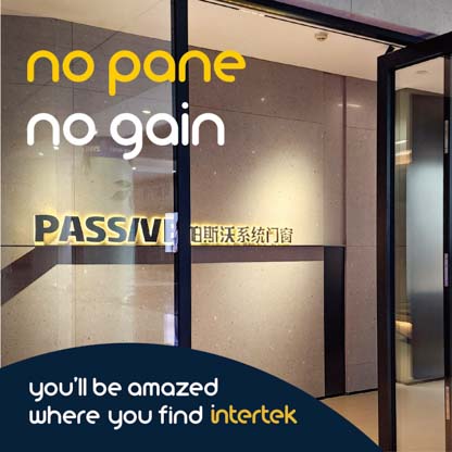 An interior window panel with the Passive company brand on it